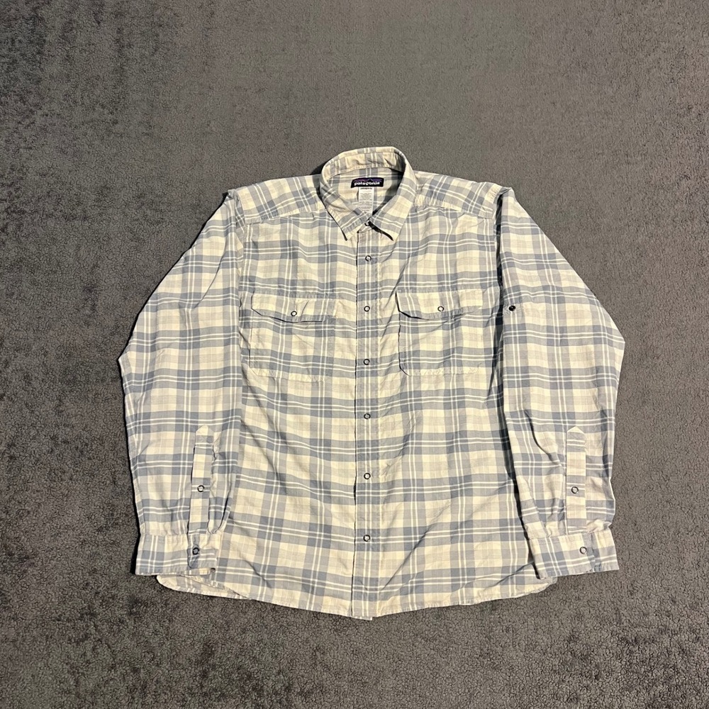 Patagonia Mens Plaid Snap Front Long Sleeve Hiking Shirt Blue White Size M
